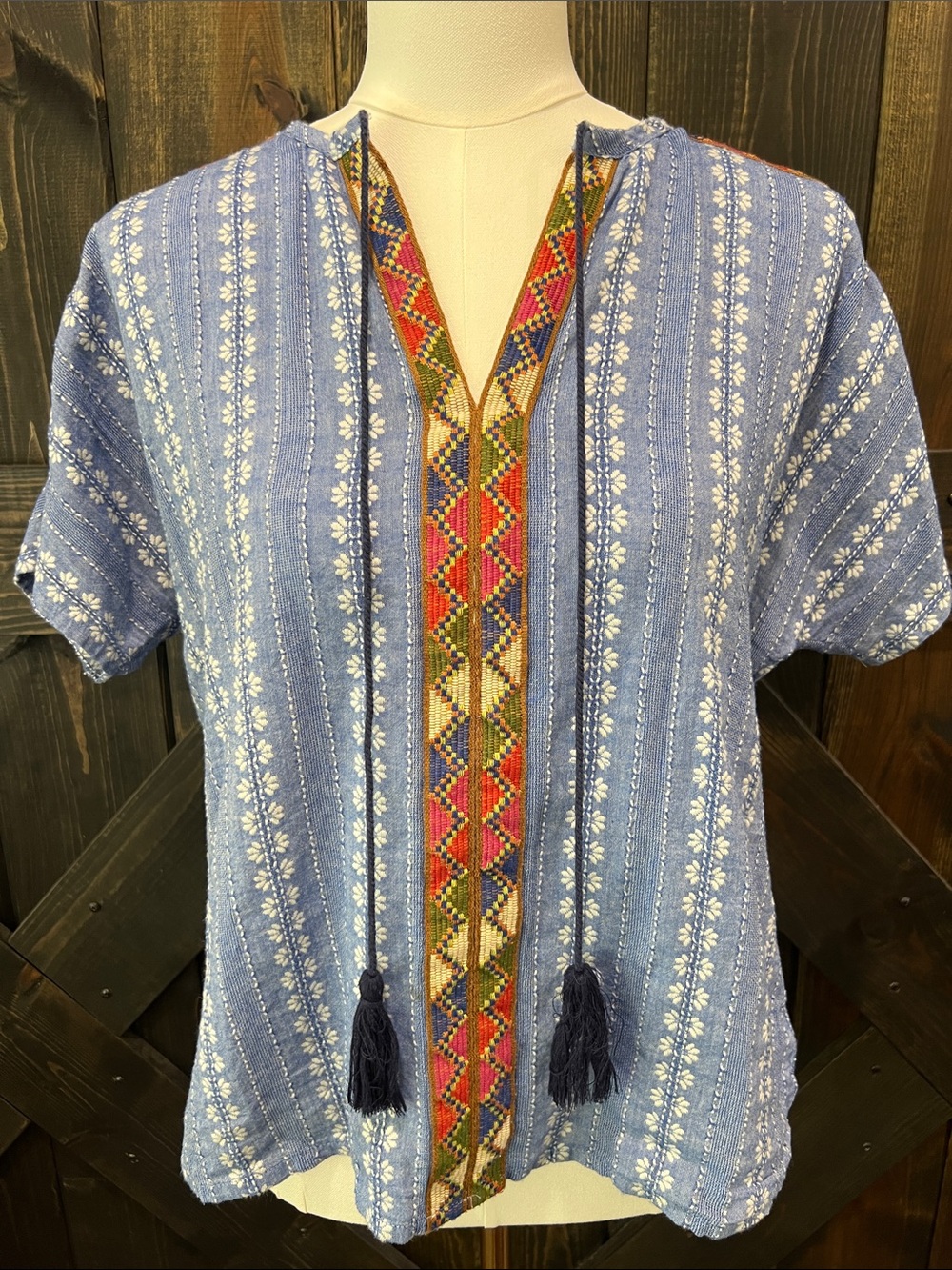 THML Linen Blend Embroidered Top L Blue Tassels Textured Boho Short Sleeve Aztec